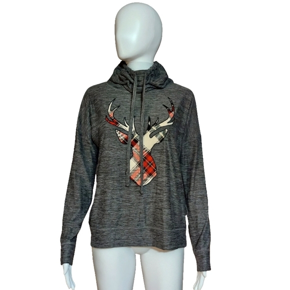Maurices Tops - Maurices Gray Plaid Reindeer Cowl Neck Cozy Pullover Sweatshirt